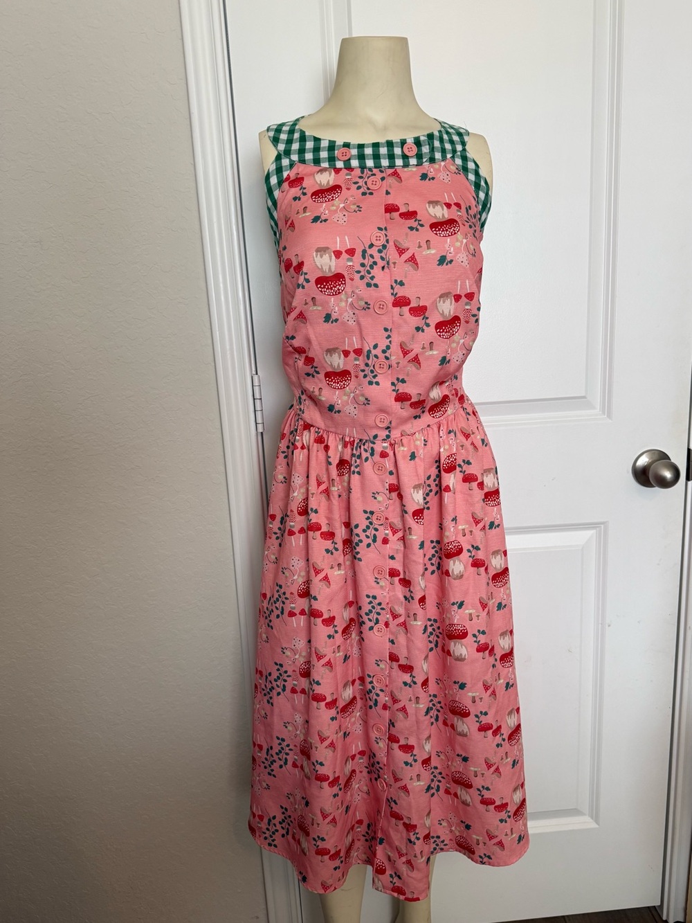 Unique Vintage Pink & Green Gingham Mushroom Print Maxine Swing Dress
